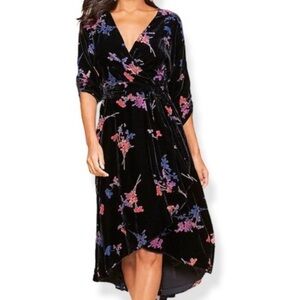 Eliza J Black Velvet Floral High Low Faux Wrap Dress